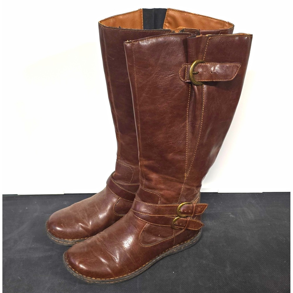 B.O.C. Women's Brown Leather Knee High Riding Boots Side Zip Buckle 10 W
